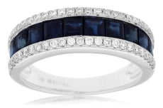 2.50CT DIAMOND & AAA SAPPHIRE 14K WHITE GOLD PRINCESS & ROUND 3 ROW CHANNEL RING