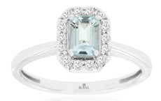 .60CT DIAMOND & AAA AQUAMARINE 14K WHITE GOLD EMERALD CUT & ROUND HALO LOVE RING