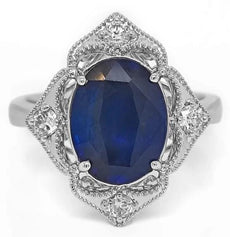 LARGE 4.06CT DIAMOND & AAA SAPPHIRE 18KT WHITE GOLD OVAL & ROUND ENGAGEMENT RING