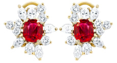 5.65CT DIAMOND & AAA RUBY 18KT YELLOW GOLD OVAL & ROUND MARQUISE FLOWER EARRINGS