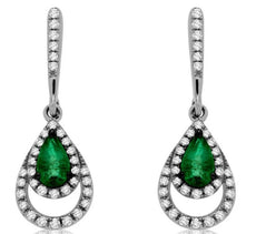.58CT DIAMOND & AAA EMERALD 14KT WHITE GOLD PEAR SHAPE & ROUND HANGING EARRINGS