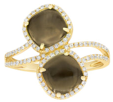 2.9CT DIAMOND & AAA SMOKY TOPAZ 14KT YELLOW GOLD 3D CUSHION & ROUND SQUARE RING