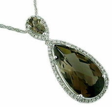 6.97CT DIAMOND & AAA SMOKY TOPAZ 14KT WHITE GOLD TEAR DROP HALO CLASSIC PENDANT