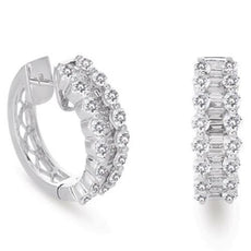 2.16CT DIAMOND 14KT WHITE GOLD 3D ROUND & BAGUETTE 3 ROW HUGGIE HANGING EARRINGS