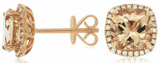 ESTATE 4.21CT DIAMOND & MORGANITE 14KT ROSE GOLD 3D CUSHION HALO STUD EARRINGS