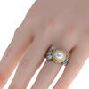 ESTATE AAA BLUE SPINEL & AAA PEARL 18K YELLOW GOLD & 925 SILVER FLOWER FUN RING