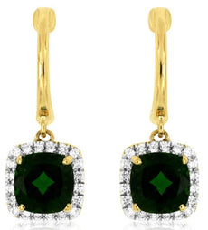2.21CT DIAMOND & AAA GREEN GARNET 14KT YELLOW GOLD 3D SQUARE LEVERBACK EARRINGS