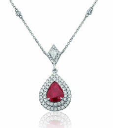 ESTATE 2.10CT DIAMOND & AAA RUBY 18KT 2 TONE GOLD TEAR DROP DOUBLE HALO NECKLACE