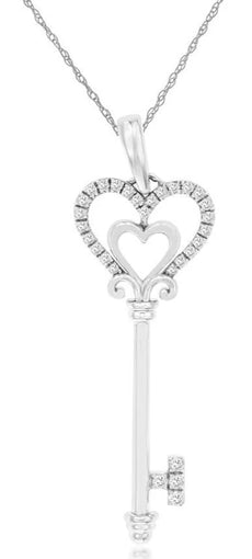 .13CT DIAMOND 14KT WHITE GOLD ROUND DOUBLE HEART KEY TO YOUR HEART LOVE PENDANT
