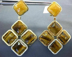LARGE .80CT DIAMOND & TIGER EYE & QUARTZ 14K YELLOW GOLD SQUARE HANGING EARRINGS