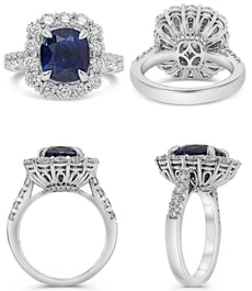 7.3CT DIAMOND & AAA SAPPHIRE PLATINUM 3D CUSHION & ROUND FLOWER ENGAGEMENT RING