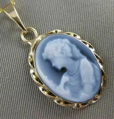 ESTATE 14K YELLOW GOLD BLUE AGATE GIRL WITH PEARLS CAMEO PENDANT + CHAIN #21501
