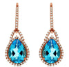 4.6CT DIAMOND & AAA BLUE TOPAZ 14K ROSE GOLD PEAR SHAPE & ROUND HANGING EARRINGS