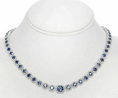 ESTATE 27.64CT DIAMOND & AAA SAPPHIRE 18KT WHITE GOLD ROUND HALO TENNIS NECKLACE