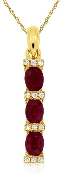 .88CT DIAMOND & AAA RUBY 14KT YELLOW GOLD 3D OVAL 3 STONE BAR JOURNEY PENDANT