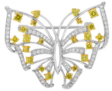 1.5CT WHITE & FANCY YELLOW DIAMOND 14KT 2 TONE GOLD 3D BUTTERFLY LOVE BROOCH PIN