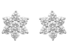 LARGE 1.52CT DIAMOND 18KT WHITE GOLD 3D ROUND CLASSIC FLOWER STAR STUD EARRINGS