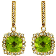 4.78CT DIAMOND & AAA PERIDOT 14KT YELLOW GOLD 3D CUSHION FLOWER HANGING EARRINGS