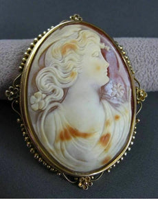 ANTIQUE LARGE 14KT YELLOW GOLD HANDCRAFTED LADY SHELL CAMEO PENDANT & PIN #22935