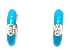 .05CT DIAMOND & BLUE ENAMEL 18KT WHITE GOLD 3D SOLITAIRE HUGGIE HANGING EARRINGS