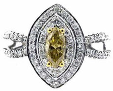 ESTATE 1.45CT WHITE & FANCY YELLOW DIAMOND 18K 2 TONE GOLD MARQUISE & ROUND RING