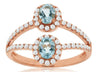 WIDE 1CT DIAMOND & AAA AQUAMARINE 14KT ROSE GOLD OVAL & ROUND DOUBLE FLOWER RING