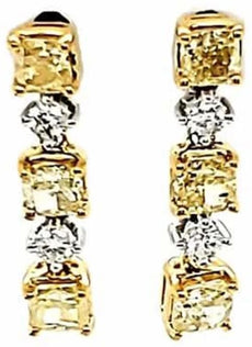 1.88CT WHITE & FANCY YELLOW DIAMOND 18KT 2 TONE GOLD 3D CUSHION & ROUND EARRINGS