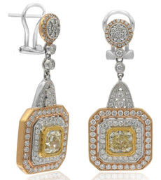 LARGE 4.05CT WHITE & FANCY YELLOW DIAMOND 18KT TRI COLOR GOLD OCTAGON EARRINGS