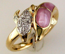 .11CT DIAMOND & AAA MOTHER OF PEARL 14KT YELLOW GOLD 3D HAPPY DOLPHIN FUN RING