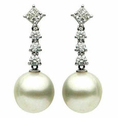 ESTATE .97CT DIAMOND & AAA SOUTH SEA PEARL 18KT WHITE GOLD LOVE HANGING EARRINGS
