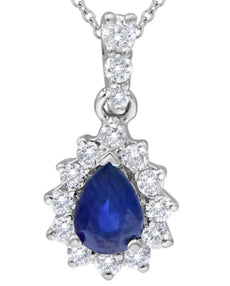.29CT DIAMOND & AAA SAPPHIRE 14K WHITE GOLD PEAR SHAPE & ROUND TEAR DROP PENDANT