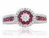 ESTATE .91CT DIAMOND & AAA RUBY 14KT WHITE GOLD 3D FLOWER HALO ENGAGEMENT RING