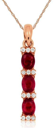 .88CT DIAMOND & AAA RUBY 14KT ROSE GOLD OVAL & ROUND 3 STONE BAR JOURNEY PENDANT