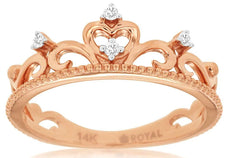 .05CT DIAMOND 14KT ROSE GOLD 3D CLASSIC ROUND HEART SHAPE FILIGREE CROWN RING
