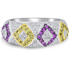 ESTATE 1.21CT DIAMOND & AAA MULTI COLOR SAPPHIRE 14K WHITE GOLD GEOMETRICAL RING