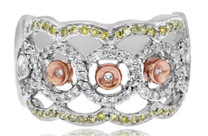 WIDE .59CT WHITE & FANCY YELLOW DIAMOND 14KT TRI COLOR GOLD 3D MULTI FLOWER RING
