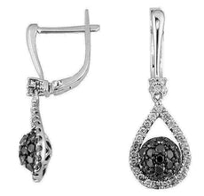1.07CT WHITE & BLACK DIAMOND 14KT WHITE GOLD CLUSTER TEAR DROP HANGING EARRINGS