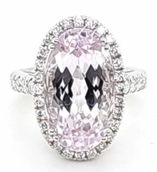 LARGE 11.47CT DIAMOND & AAA KUNZITE 18KT WHITE GOLD OVAL & ROUND ENGAGEMENT RING