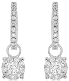 ESTATE .93CT DIAMOND 14KT WHITE GOLD CLASSIC FLOWER HUGGIE FUN HANGING EARRINGS