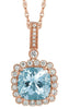 LARGE 3.12CT DIAMOND AAA AQUAMARINE 14K ROSE GOLD CUSHION & ROUND FLOWER PENDANT