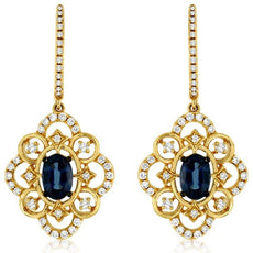 1.57CT DIAMOND & AAA SAPPHIRE 14KT YELLOW GOLD 3D OPEN FILIGREE HANGING EARRINGS
