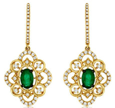 1.27CT DIAMOND & AAA EMERALD 14K YELLOW GOLD 3D FLOWER FILIGREE HANGING EARRINGS