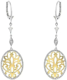 .65CT DIAMOND 14KT 2 TONE GOLD 3D OVAL OPEN FILIGREE LEVERBACK HANGING EARRINGS