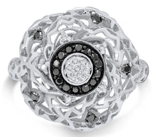 WIDE .28CT WHITE & BLACK DIAMOND 14KT WHITE GOLD OPEN FILIGREE FLOWER FUN RING
