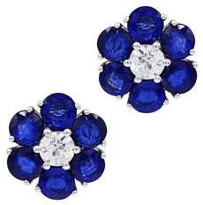 LARGE 6.91CT DIAMOND & AAA SAPPHIRE 18KT WHITE GOLD CLASSIC FLOWER STUD EARRINGS