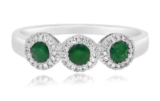 .36CT DIAMOND & AAA EMERALD 14K WHITE GOLD CLASSIC 3 STONE HALO ANNIVERSARY RING