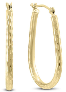 ESTATE 14KT YELLOW GOLD 3D CLASSIC HAMMERED DESIGN OVAL HOOP HANGING EARRINGS