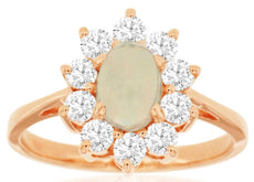 1.25CT DIAMOND & AAA OPAL 14KT ROSE GOLD OVAL & ROUND CLASSIC FLOWER LOVE RING