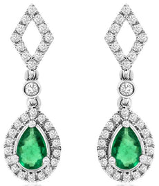 1.24CT DIAMOND & AAA EMERALD 14KT WHITE GOLD PEAR SHAPE & ROUND HANGING EARRINGS