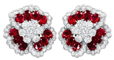 ESTATE LARGE 14CT DIAMOND & AAA RUBY PLATINUM OVAL & ROUND FLOWER STUD EARRINGS